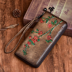 Handmade Womens Coffee Leather Plum Blossom Flowers Wristlet Wallet Zip Around Wallet Ladies Zipper Clutch Wallet for Women