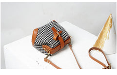 Handmade Womens Black&White Leather Tweed Doctor Handbag Small Side Purses Doctor Purse for Women