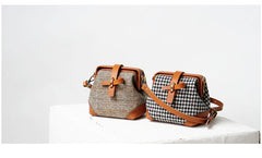 Handmade Womens Black&White Leather Tweed Doctor Handbag Small Side Purses Doctor Purse for Women