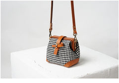 Handmade Womens Black&White Leather Tweed Doctor Handbag Small Side Purses Doctor Purse for Women