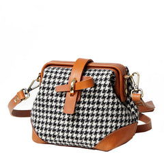 Handmade Womens Black&White Leather Tweed Doctor Handbag Small Side Purses Doctor Purse for Women