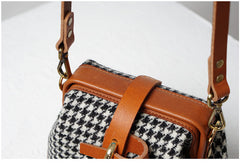 Handmade Womens Black&White Leather Tweed Doctor Handbag Small Side Purses Doctor Purse for Women