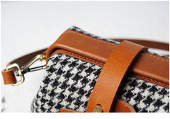 Handmade Womens Black&White Leather Tweed Doctor Handbag Small Side Purses Doctor Purse for Women