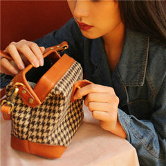 Handmade Womens Black&White Leather Tweed Doctor Handbag Small Side Purses Doctor Purse for Women
