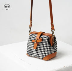 Handmade Womens Black&White Leather Tweed Doctor Handbag Small Side Purses Doctor Purse for Women