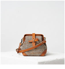 Handmade Womens Leather Tweed Doctor Handbag Small Side Purses Doctor Purse for Women