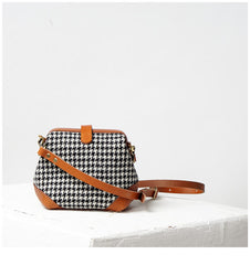 Handmade Womens Black&White Leather Tweed Doctor Handbag Small Side Purses Doctor Purse for Women