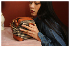 Handmade Womens Black&White Leather Tweed Doctor Handbag Small Side Purses Doctor Purse for Women