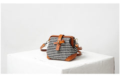 Handmade Womens Black&White Leather Tweed Doctor Handbag Small Side Purses Doctor Purse for Women