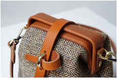 Handmade Womens Black&White Leather Tweed Doctor Handbag Small Side Purses Doctor Purse for Women