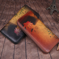 Handmade Womens Leather Zip Around Wallet Wash Painting Flowers Wristlet Wallet Ladies Zipper Clutch Wallet for Women