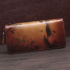 Handmade Womens Black Leather Zip Around Wallet Wash Painting Flowers Wristlet Wallet Ladies Zipper Clutch Wallet for Women