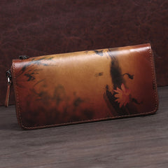 Handmade Womens Leather Zip Around Wallet Wash Painting Flowers Wristlet Wallet Ladies Zipper Clutch Wallet for Women