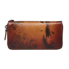 Handmade Womens Leather Zip Around Wallet Wash Painting Flowers Wristlet Wallet Ladies Zipper Clutch Wallet for Women