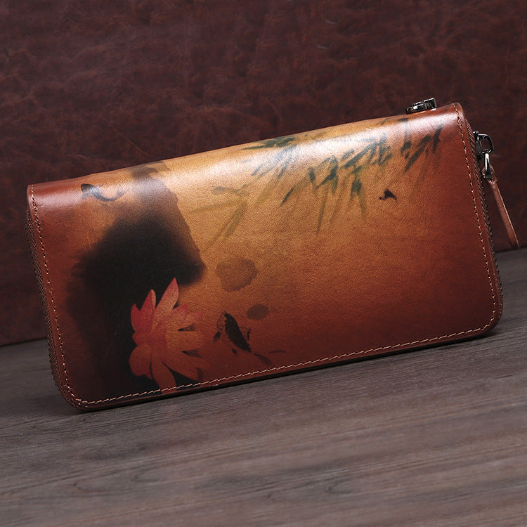 Handmade Womens Leather Zip Around Wallet Wash Painting Flowers Wristlet Wallet Ladies Zipper Clutch Wallet for Women