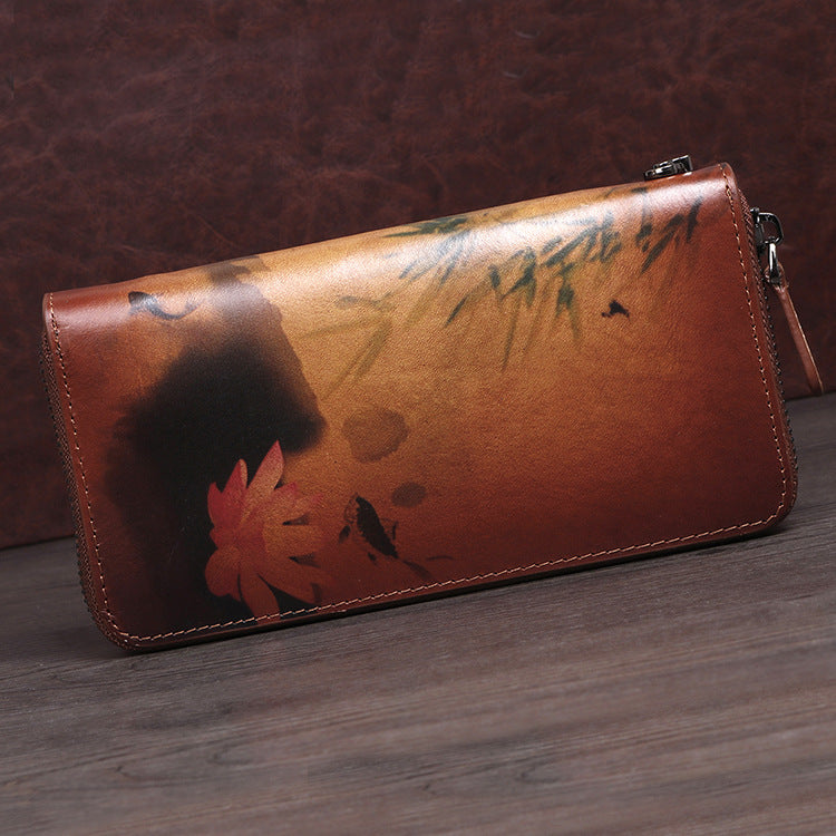 Handmade Womens Brown Leather Zip Around Wallet Wash Painting Flowers Wristlet Wallet Ladies Zipper Clutch Wallet for Women