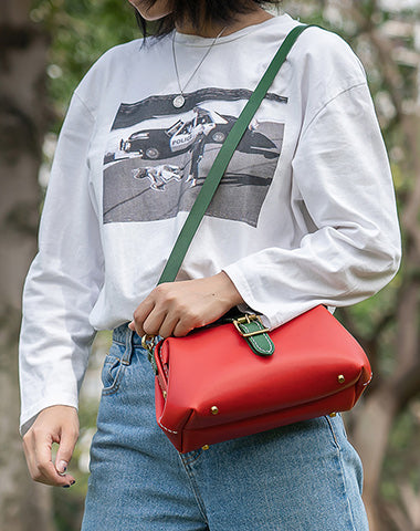 Handmade Womens Red Green Leather Doctor Handbag Side Purse Small Doctor Purse for Women