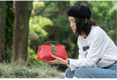 Handmade Womens Red Green Leather Doctor Handbag Side Purse Small Doctor Purse for Women