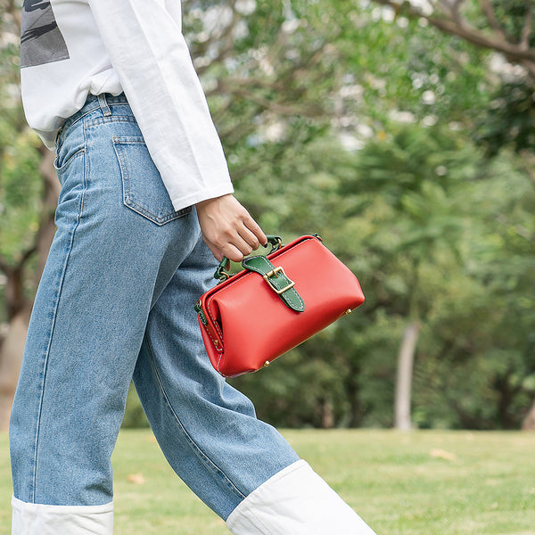 Handmade Womens Red Green Leather Doctor Handbag - Back View