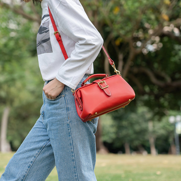 Handmade Womens Red Leather Doctor Handbag Side - Back View