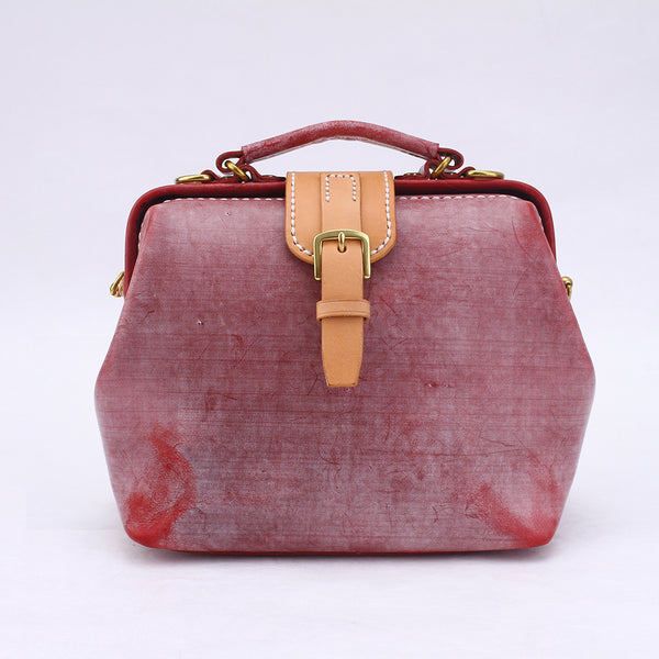 Handmade Womens Red Leather doctor Handbag shoulder - Back View