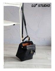 Handmade Womens Small Black Leather Doctor Handbag Side Purse Doctor Purse for Women