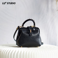 Handmade Womens Small Black Leather Doctor Handbag Side Purse Doctor Purse for Women