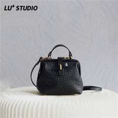 Handmade Womens Small Black Leather Doctor Handbag Side Purse Doctor Purse for Women