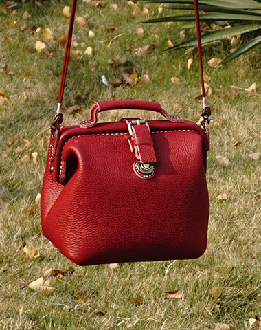 Handmade Womens Small Red Leather Doctor Handbag Side Purse Doctor Purse for Women