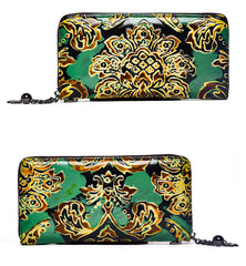 Handmade Womens Sunflower Green Leather Zip Around Wallet Wristlet Wallet Floral Ladies Zipper Clutch Wallet for Women
