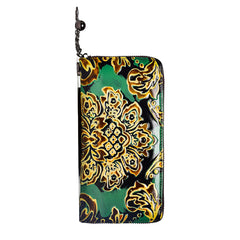 Handmade Womens Sunflower Green Leather Zip Around Wallet Wristlet Wallet Floral Ladies Zipper Clutch Wallet for Women