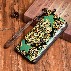 Handmade Womens Sunflower Purple Leather Zip Around Wallet Wristlet Wallet Floral Ladies Zipper Clutch Wallet for Women