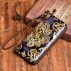 Handmade Womens Sunflower Purple Leather Zip Around Wallet Wristlet Wallet Floral Ladies Zipper Clutch Wallet for Women
