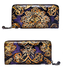 Handmade Womens Sunflower Purple Leather Zip Around Wallet Wristlet Wallet Floral Ladies Zipper Clutch Wallet for Women