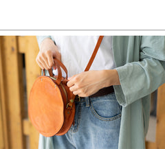 Handmade Womens Black Leather Round Handbag Purses Black Round Shoulder Bag Crossbody Purse for Women