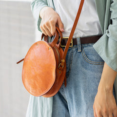 Handmade Womens Tan Leather Round Handbag Purses Tan Round Shoulder Bag Crossbody Purse for Women