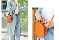 Handmade Womens Tan Leather Round Handbag Purses Tan Round Shoulder Bag Crossbody Purse for Women