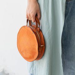 Handmade Womens Tan Leather Round Handbag Purses Tan Round Shoulder Bag Crossbody Purse for Women