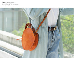 Handmade Womens Tan Leather Round Handbag Purses Tan Round Shoulder Bag Crossbody Purse for Women