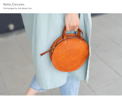 Handmade Womens Tan Leather Round Handbag Purses Tan Round Shoulder Bag Crossbody Purse for Women