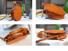 Handmade Womens Tan Leather Round Handbag Purses Tan Round Shoulder Bag Crossbody Purse for Women