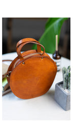 Handmade Womens Black Leather Round Handbag Purses Black Round Shoulder Bag Crossbody Purse for Women