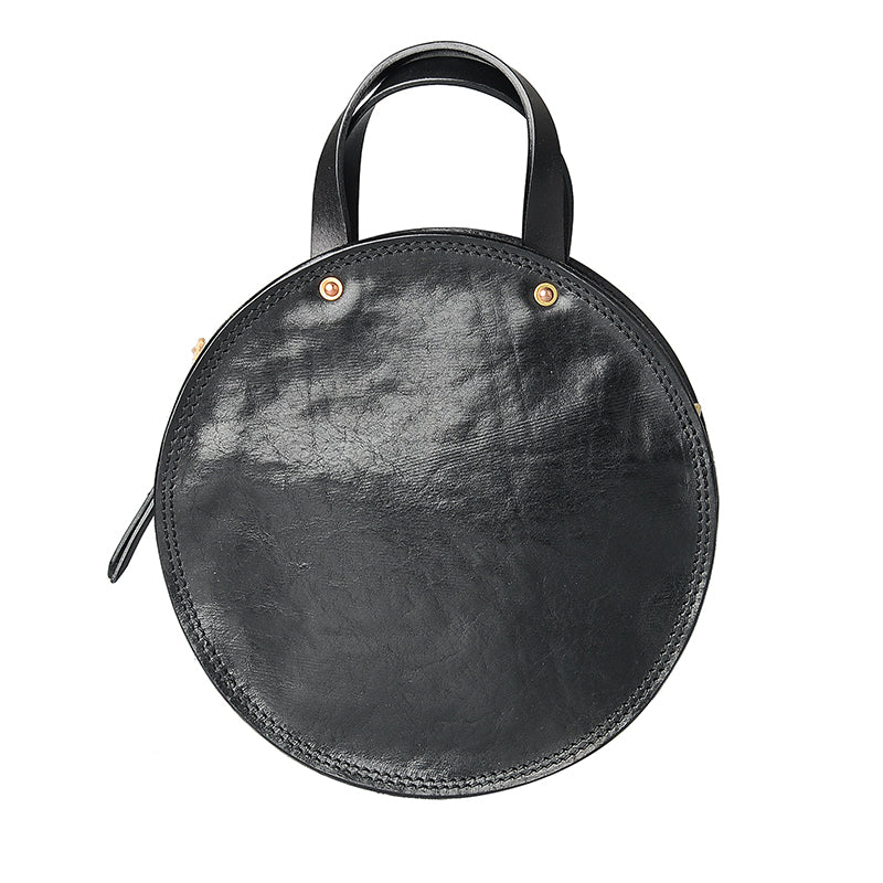 Handmade Womens Black Leather Round Handbag Purses Black Round Shoulder Bag Crossbody Purse for Women