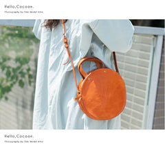 Handmade Womens Tan Leather Round Handbag Purses Tan Round Shoulder Bag Crossbody Purse for Women