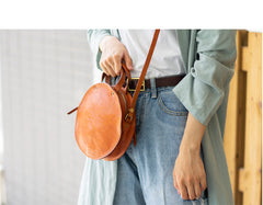 Handmade Womens Tan Leather Round Handbag Purses Tan Round Shoulder Bag Crossbody Purse for Women