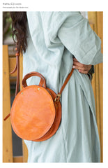 Handmade Womens Tan Leather Round Handbag Purses Tan Round Shoulder Bag Crossbody Purse for Women