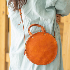 Handmade Womens Tan Leather Round Handbag Purses Tan Round Shoulder Bag Crossbody Purse for Women