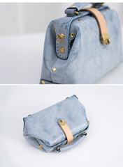 Handmade Womens Vintage Small Blue Leather Doctor Handbag Side Purse Doctor Purse for Women