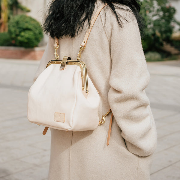 Handmade Womens White Leather Doctor Backpack Purse - Back View