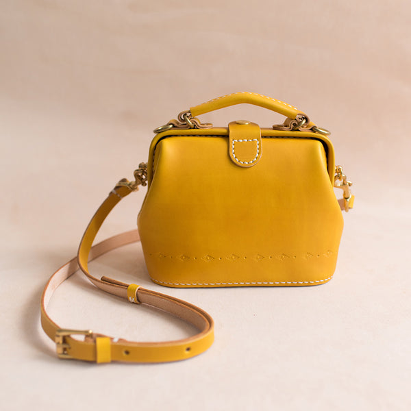 Handmade Womens Yellow Leather Mini doctor Handbag - Back View